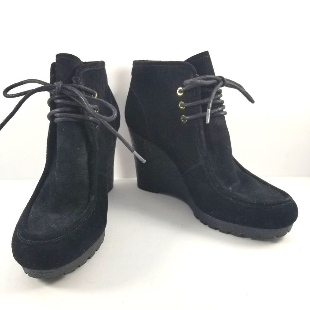 Michael Kors Black Suede Lace Up Wedge Ankle‎ Boots Gold Hardware 10M